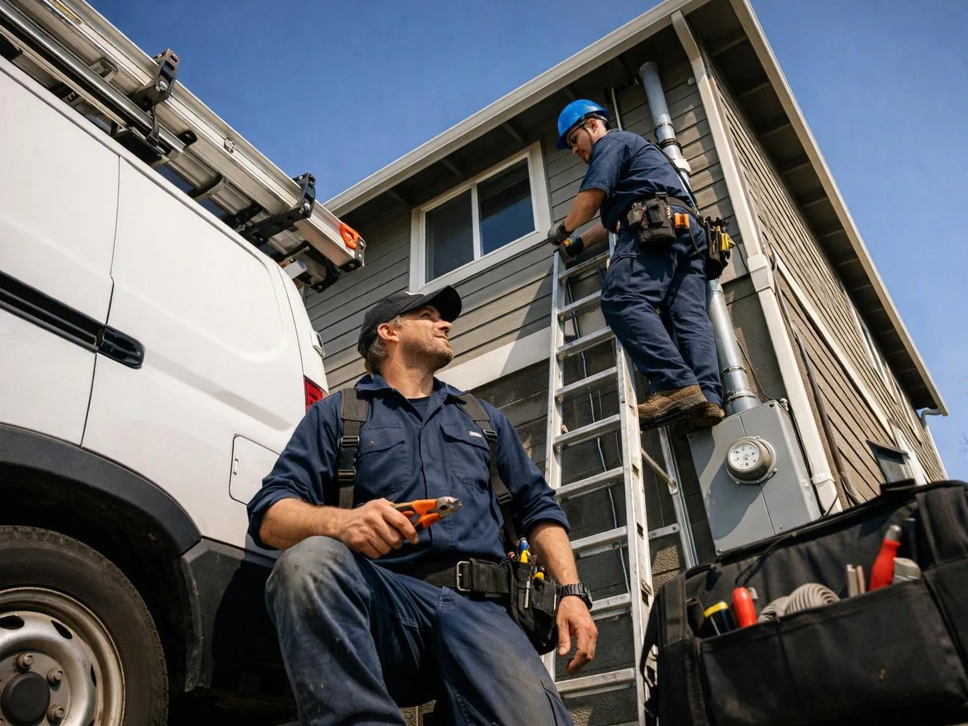 Two utility workers fix a ladder beside a house, with a service van parked next to them