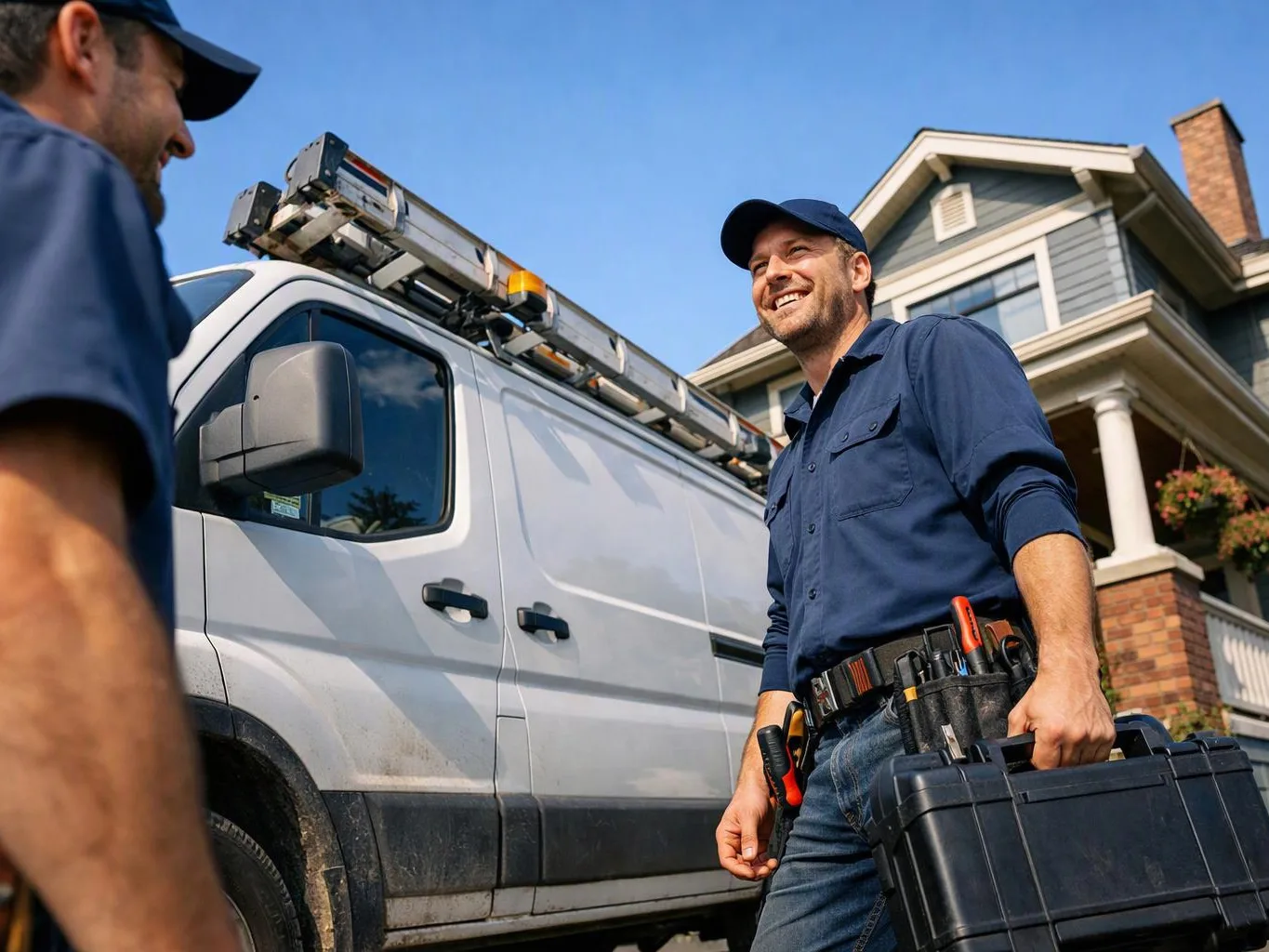 Two utility workers stand beside a white service van, one carrying a toolbox in front of a house