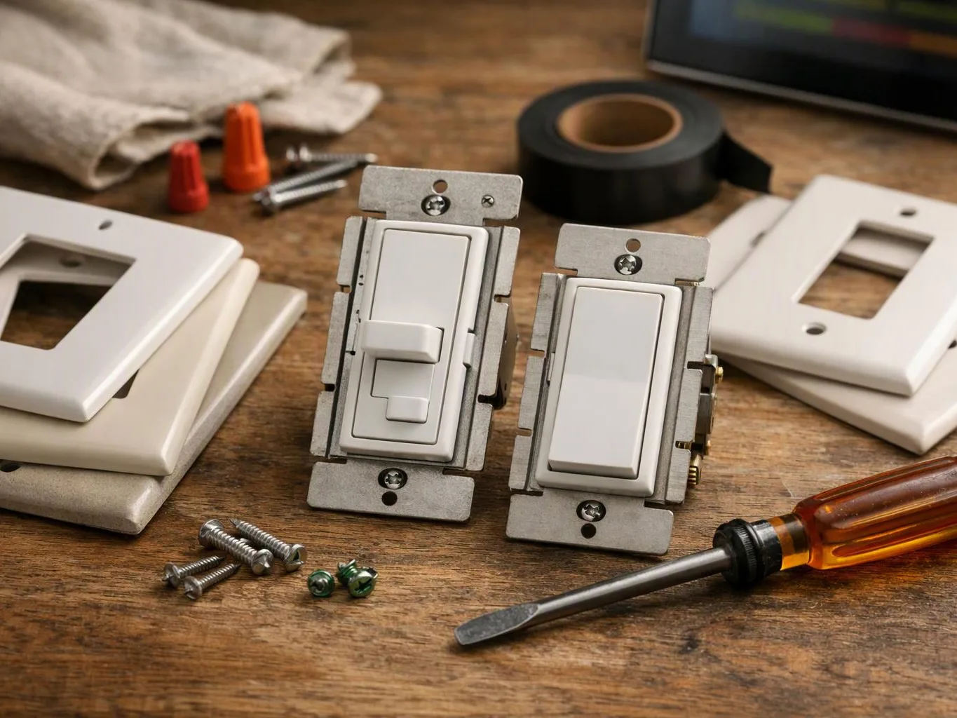 Two white electrical dimmer switches sit on a wooden workbench with screws, wire nuts, tape, and a screwdriver