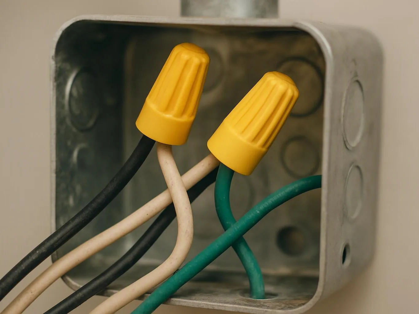 Two yellow wire nuts join black, white, and green wires inside a metal electrical box