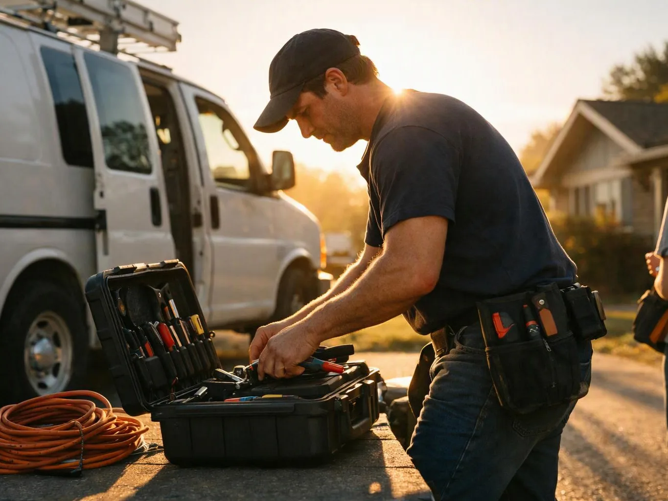 A utility worker in a cap packs tools beside a white van on a sunny street