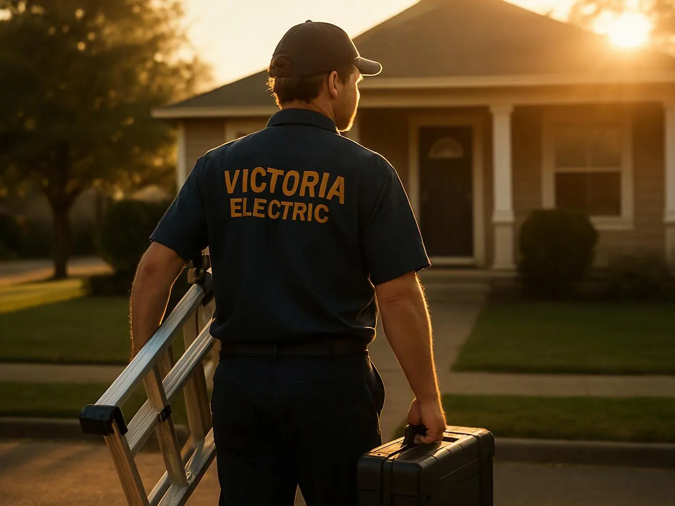 A utility worker in a dark uniform carries a ladder and toolbox toward a sunlit house porch