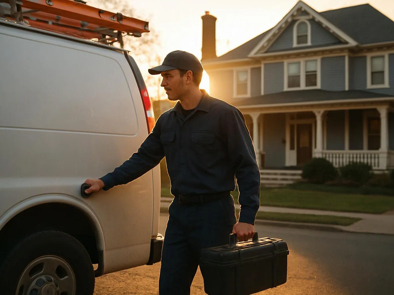 A utility worker opens a white van beside a house at sunset while holding a toolbox