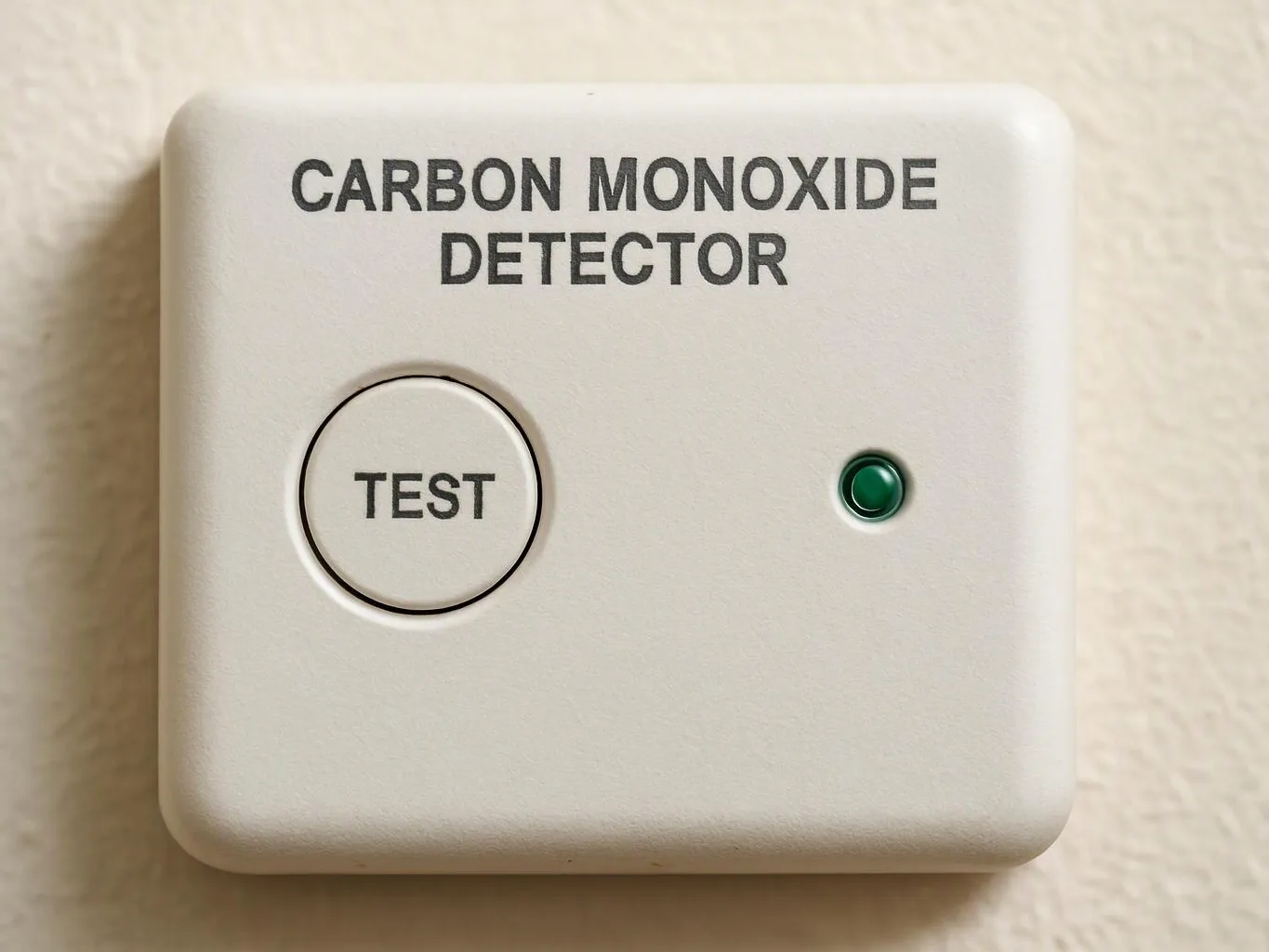 A wall-mounted carbon monoxide detector with a test button and green indicator light against a beige wall