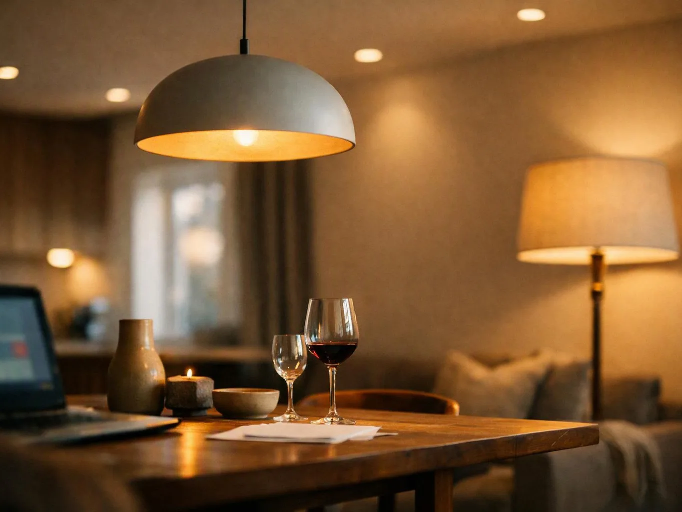 A warm dining table holds wine glasses, a candle, and a laptop under soft hanging lights