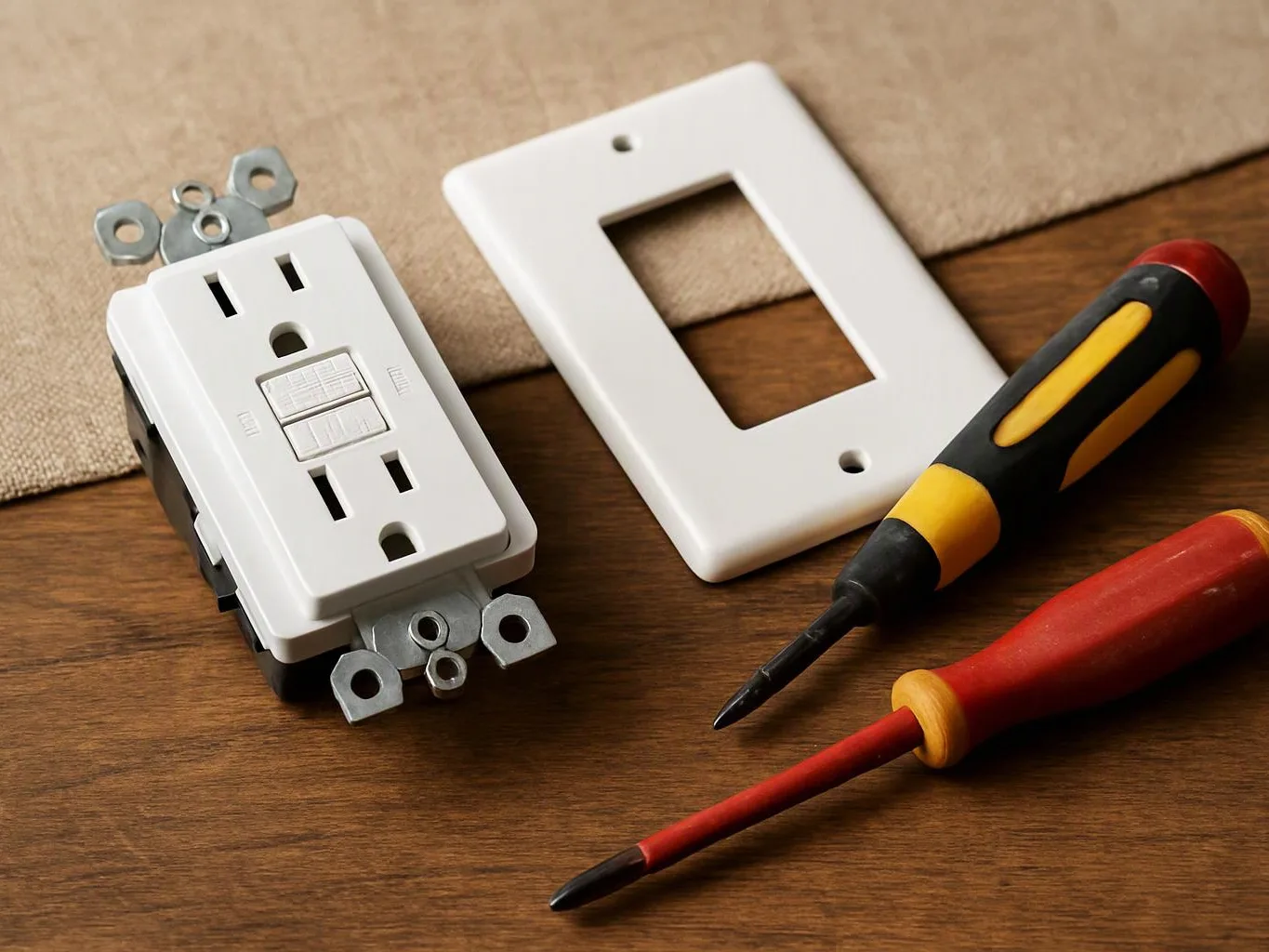 A white electrical outlet, wall plate, and two screwdrivers rest on a wooden surface