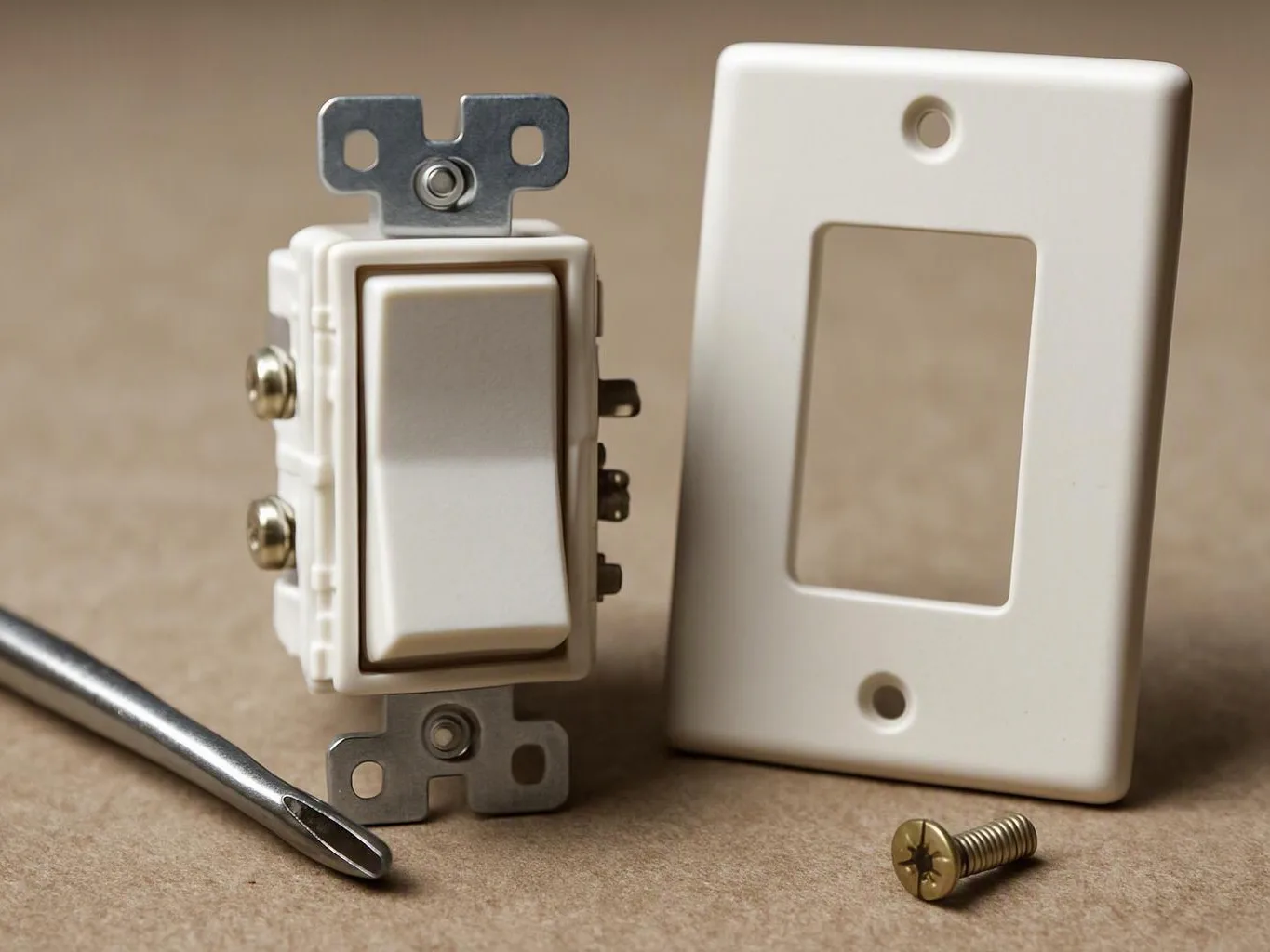 A white light switch, cover plate, screwdriver, and screw sit on a beige surface