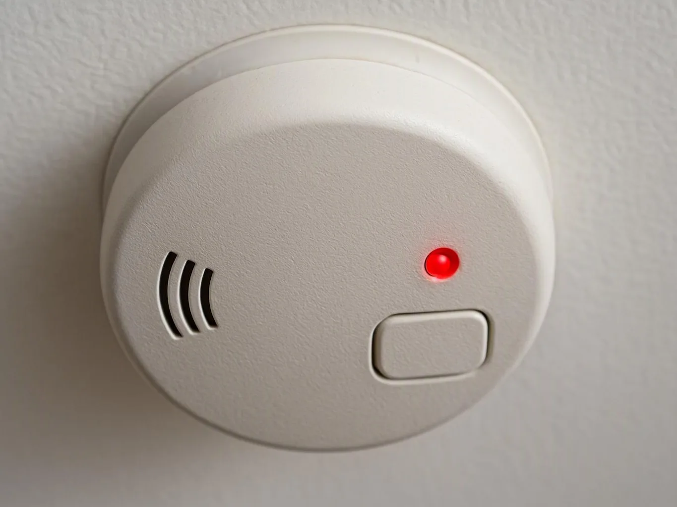 A white wall smoke detector shows a glowing red indicator light and a test button