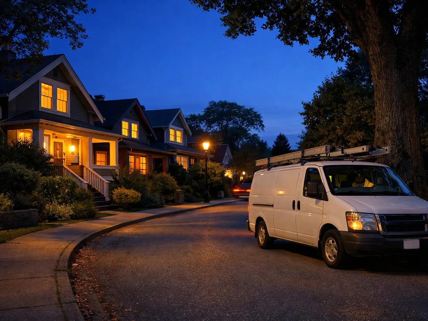 A white work van is parked on a quiet curved street beside lit houses at dusk