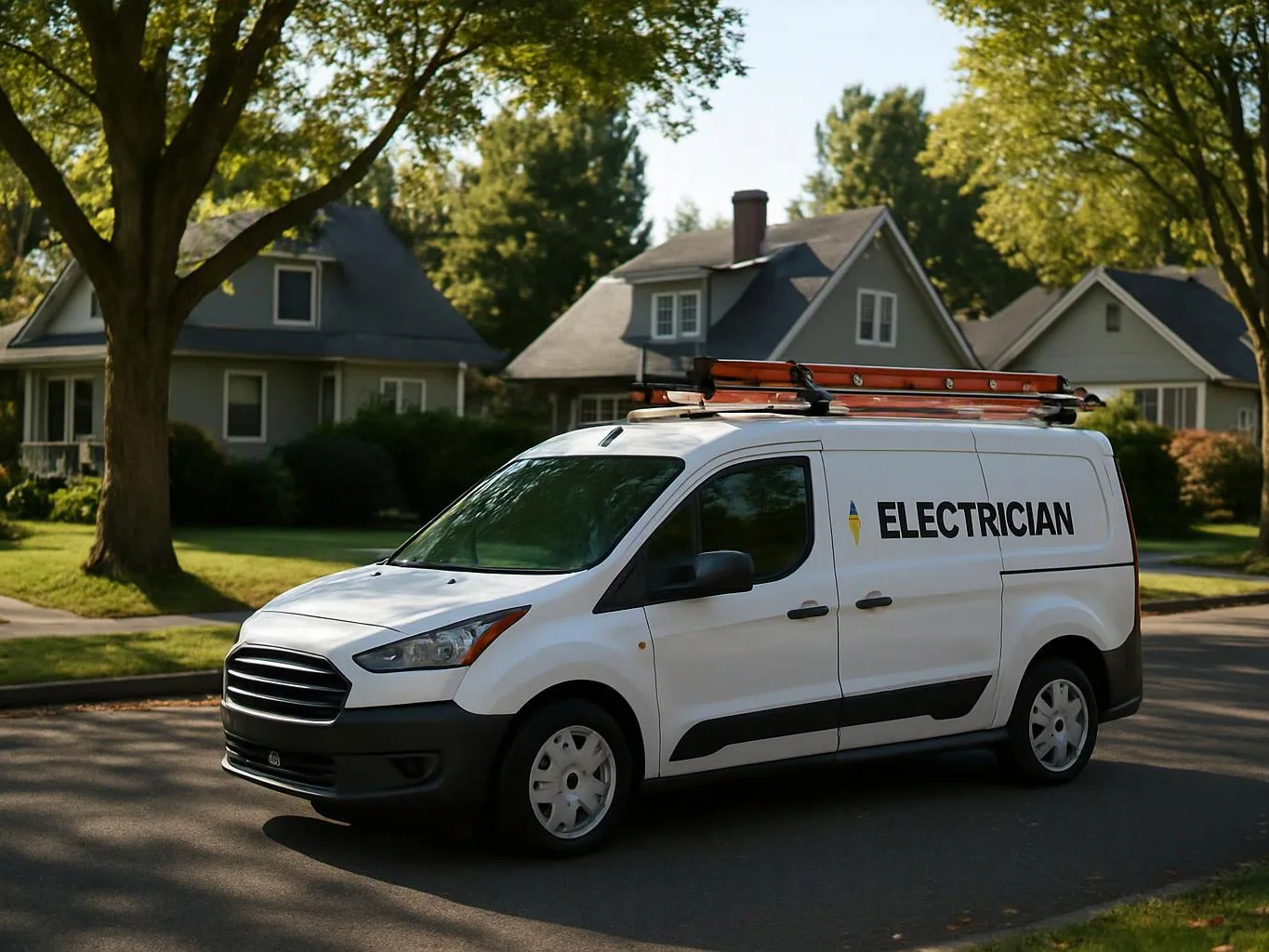 White work van with a ladder on top parked on a quiet tree lined suburban street