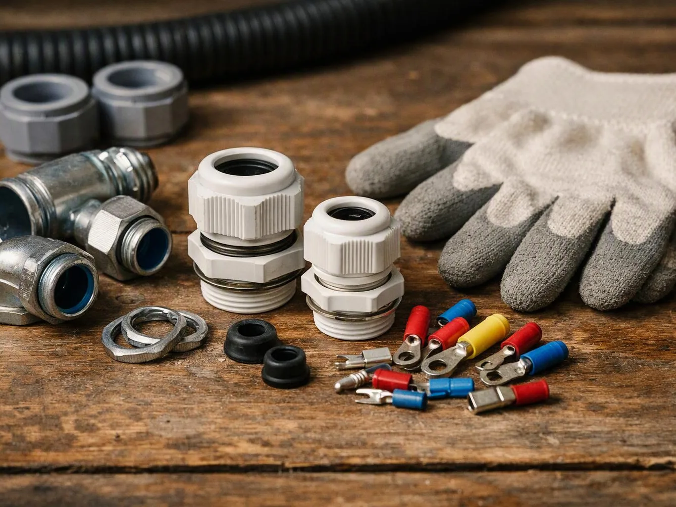 Work gloves sit beside cable glands, metal fittings, washers, and colorful electrical connectors on a worn wooden surface