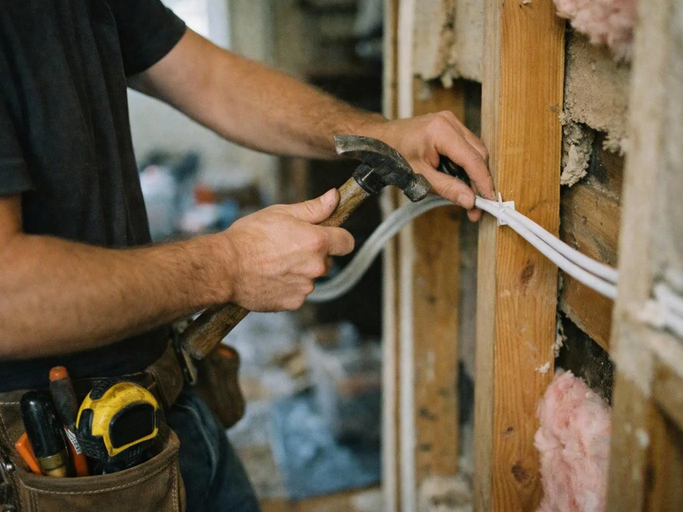 A worker in a black shirt hammers white cables to a wooden wall inside a stripped room