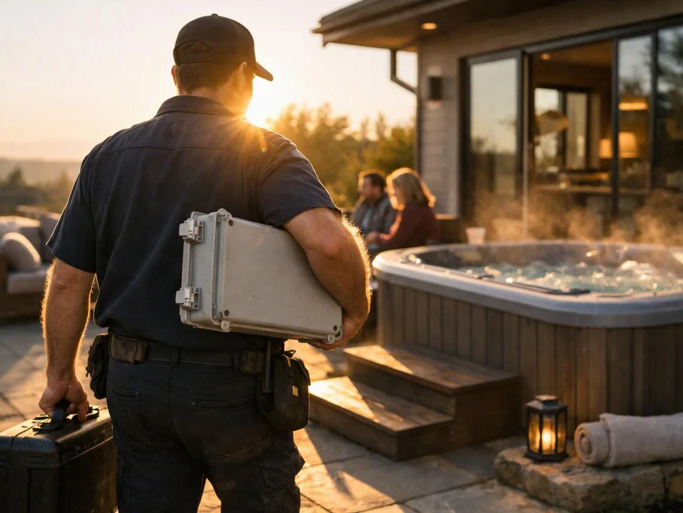 A worker carries tool cases toward a steaming hot tub beside a modern house at sunset