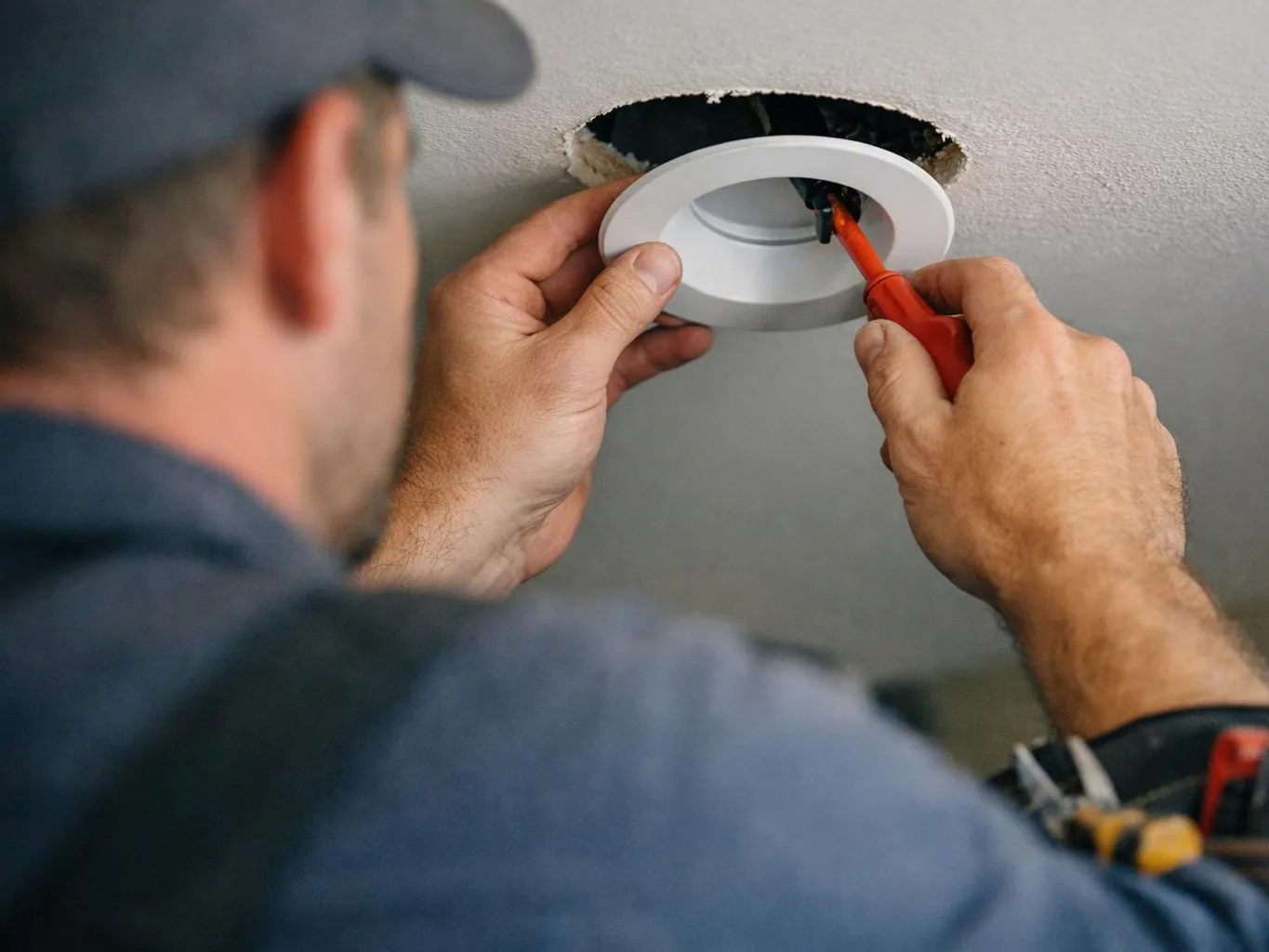 A worker fits a recessed ceiling light into a hole while holding wiring with a red screwdriver