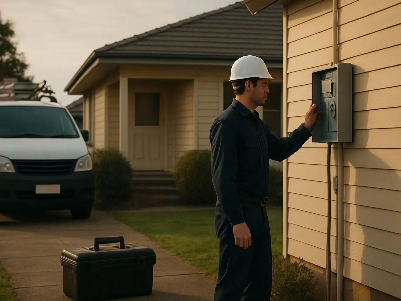 A worker in a hard hat checks an electrical panel outside a house, with a van and toolbox nearby