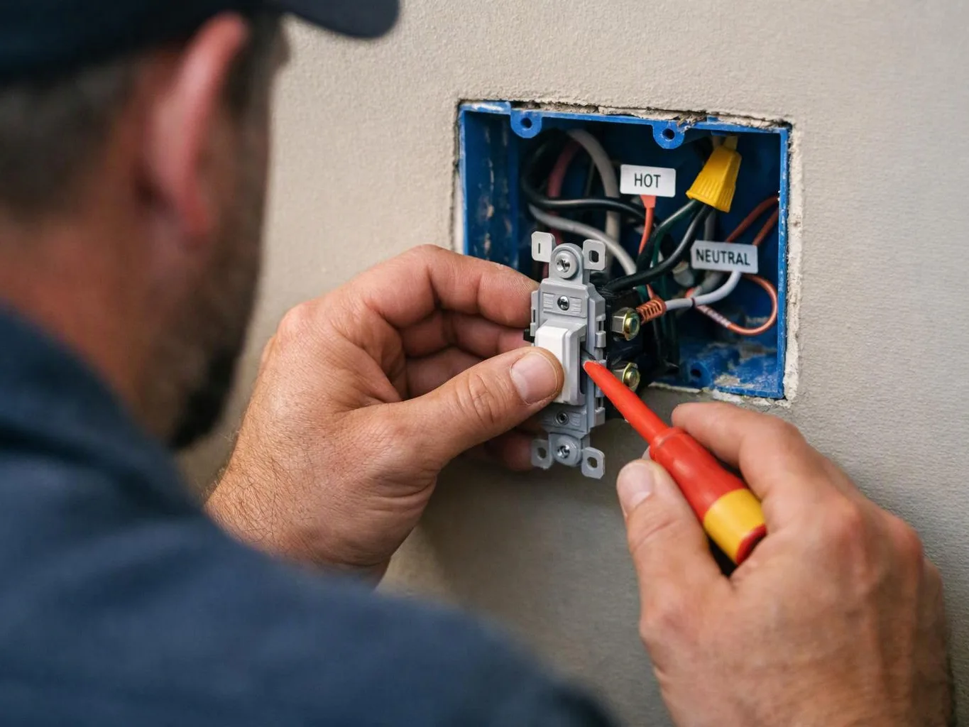 A worker installs a light switch into an open wall box with exposed wires and labeled connectors