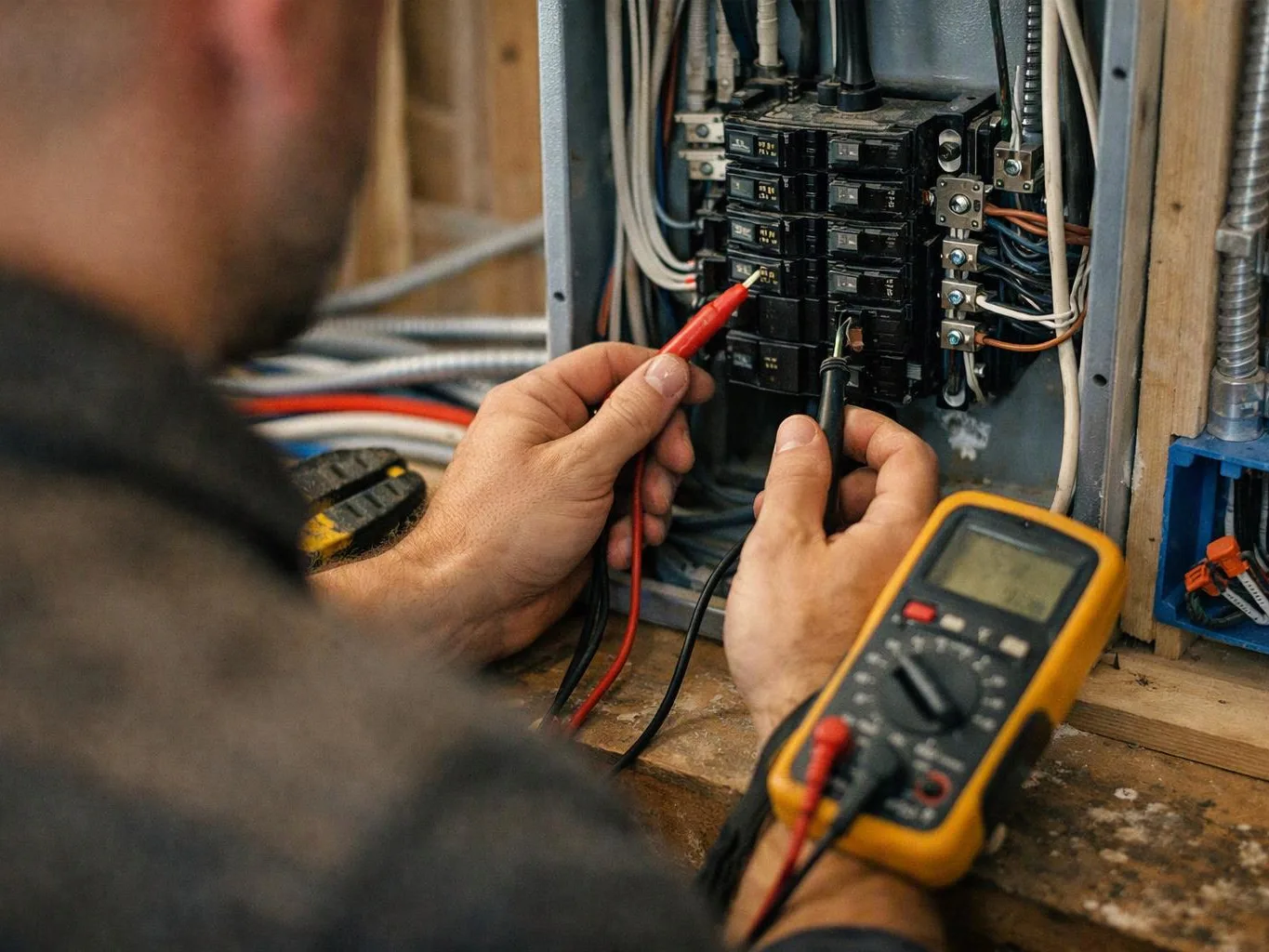 A worker tests circuit breaker wires inside an open electrical panel with a multimeter