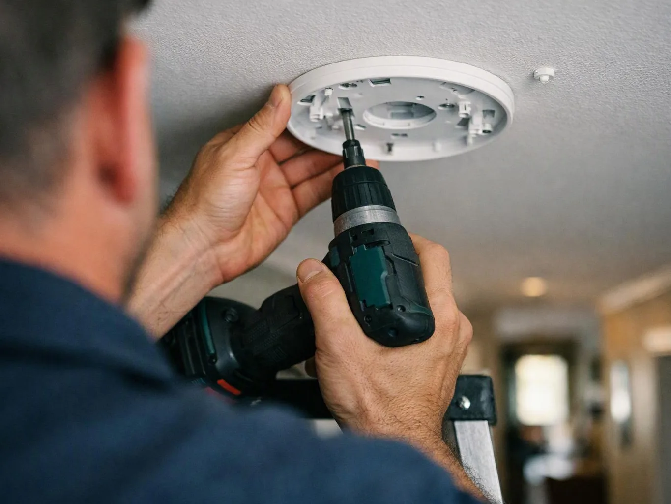 A worker uses a cordless drill to mount a white ceiling device indoors