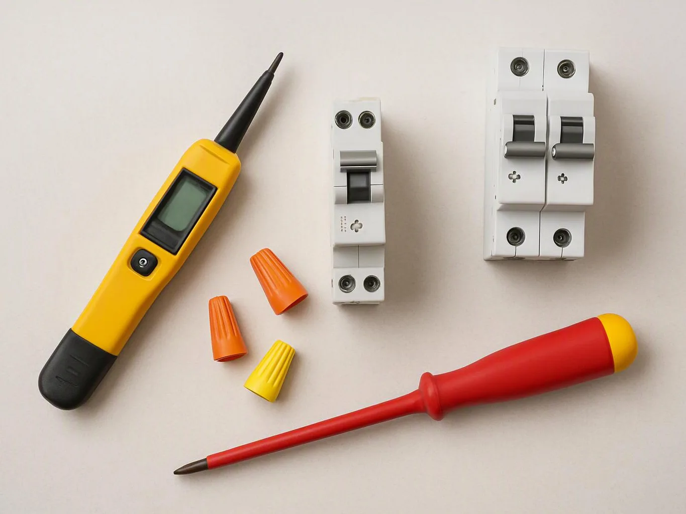 A yellow voltage tester, red screwdriver, wire nuts, and two circuit breakers rest on a light surface
